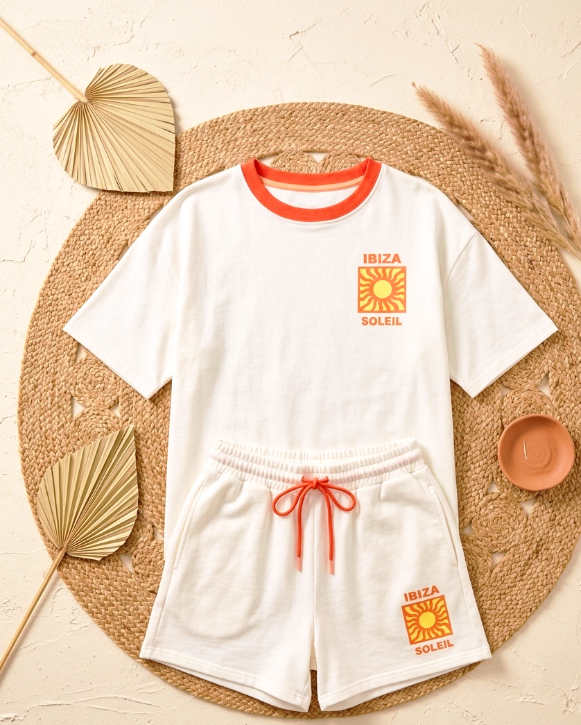 Sommer Lounge Set "IBIZA SOLEIL" | Oversize Shirt & Shorts | S-L | Hellblau Pink & Weiß Koralle