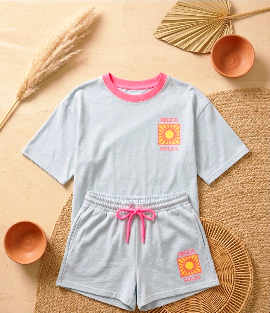 Sommer Lounge Set "IBIZA SOLEIL" | Oversize Shirt & Shorts | S-L | Hellblau Pink & Weiß Koralle