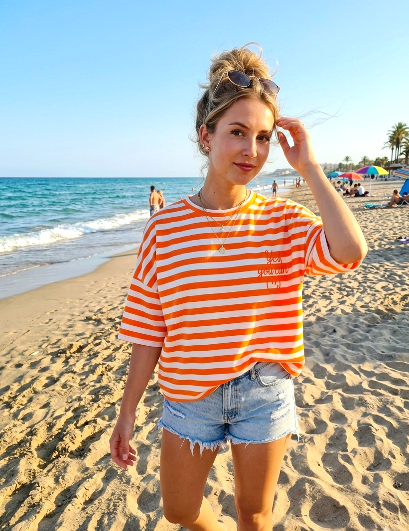 Oversize Streifenshirt „Yes, you can“ – Orange-Weiß mit Statement-Stickerei