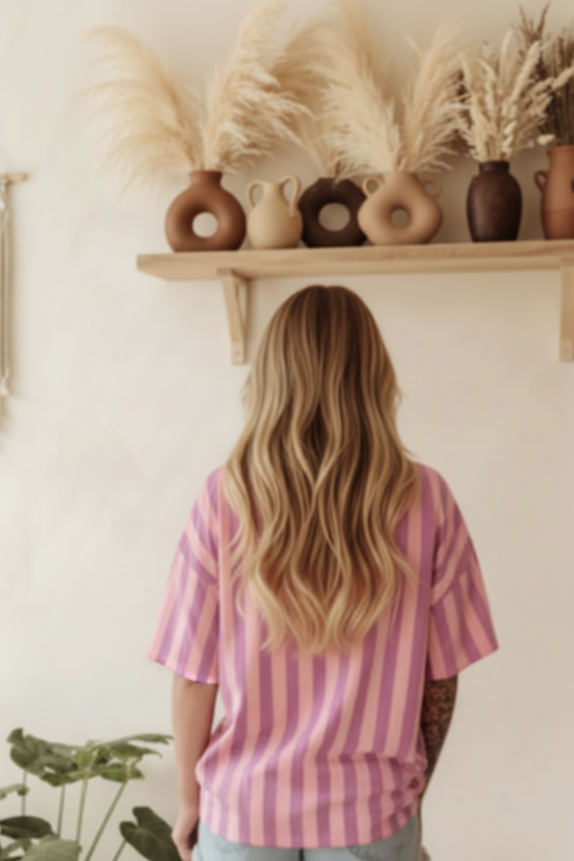 Damen Oversize T-Shirt Ciao Streifen Pink Lila – Rückenansicht Boho Interieur mit Keramik-Regal