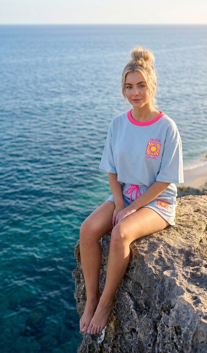 Sommer Lounge Set "IBIZA SOLEIL" | Oversize Shirt & Shorts | S-L | Hellblau Pink & Weiß Koralle