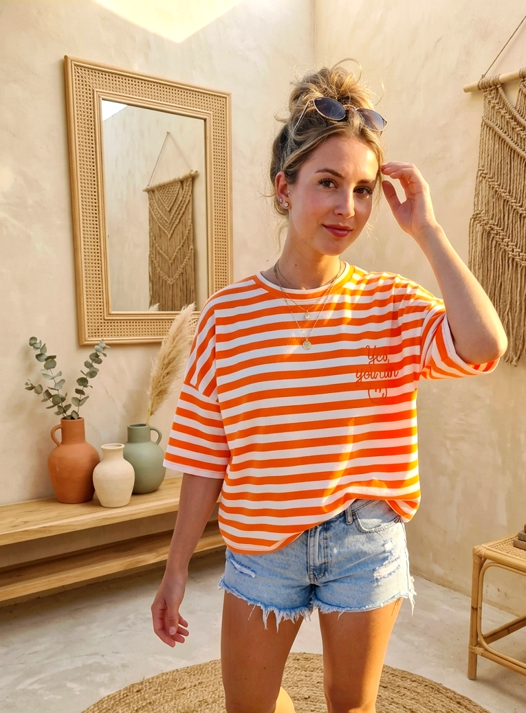Oversize Streifenshirt „Yes, you can“ – Orange-Weiß mit Statement-Stickerei