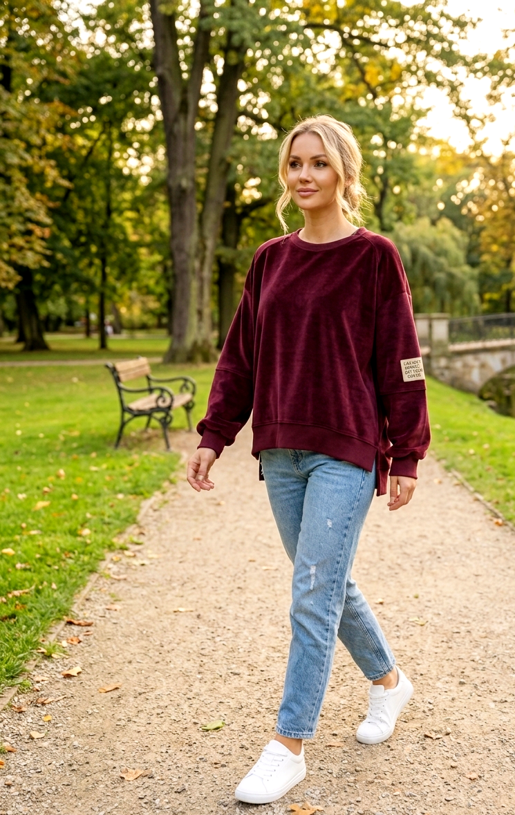 Oversize Samt-Pullover Bordeaux – Kuschel-Sweater mit Statement-Patch