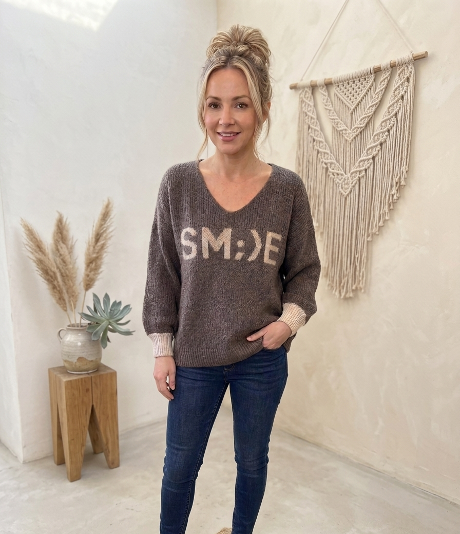 Oversize Strickpullover "SMILE" | V-Ausschnitt | Taupe Braun | One Size S-L