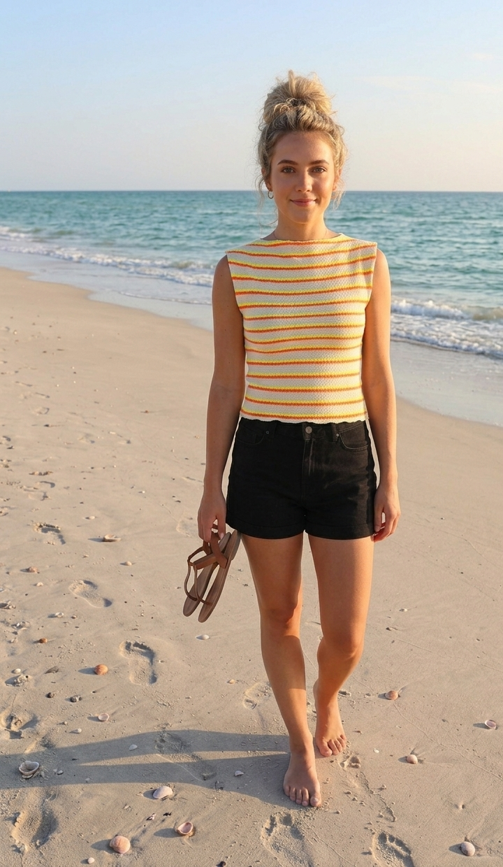 Luftiges Sommer Strick-Top "Sunny Vibes" gestreift ärmellos in Gelb-Pink & Orange-Gelb | Gr. S-M