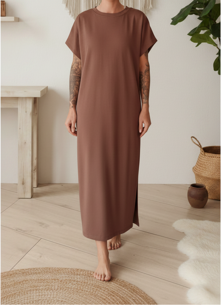 Boho-Luxe Maxikleid aus braunem Stoff mit kurzen Ärmeln in minimalistischem Design.