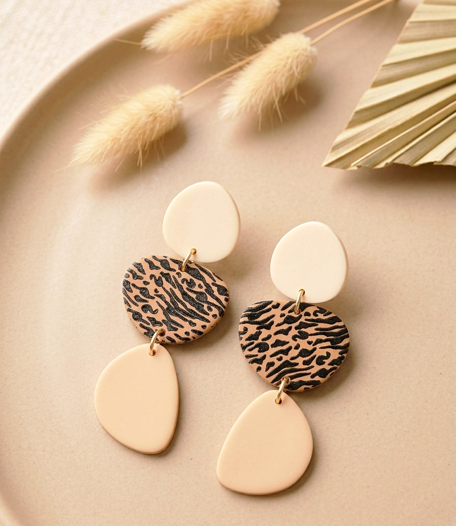 Polymer Clay Statement-Ohrringe „Wild Earth“ – Boho Animal Print Ohrhänger in Creme & Beige