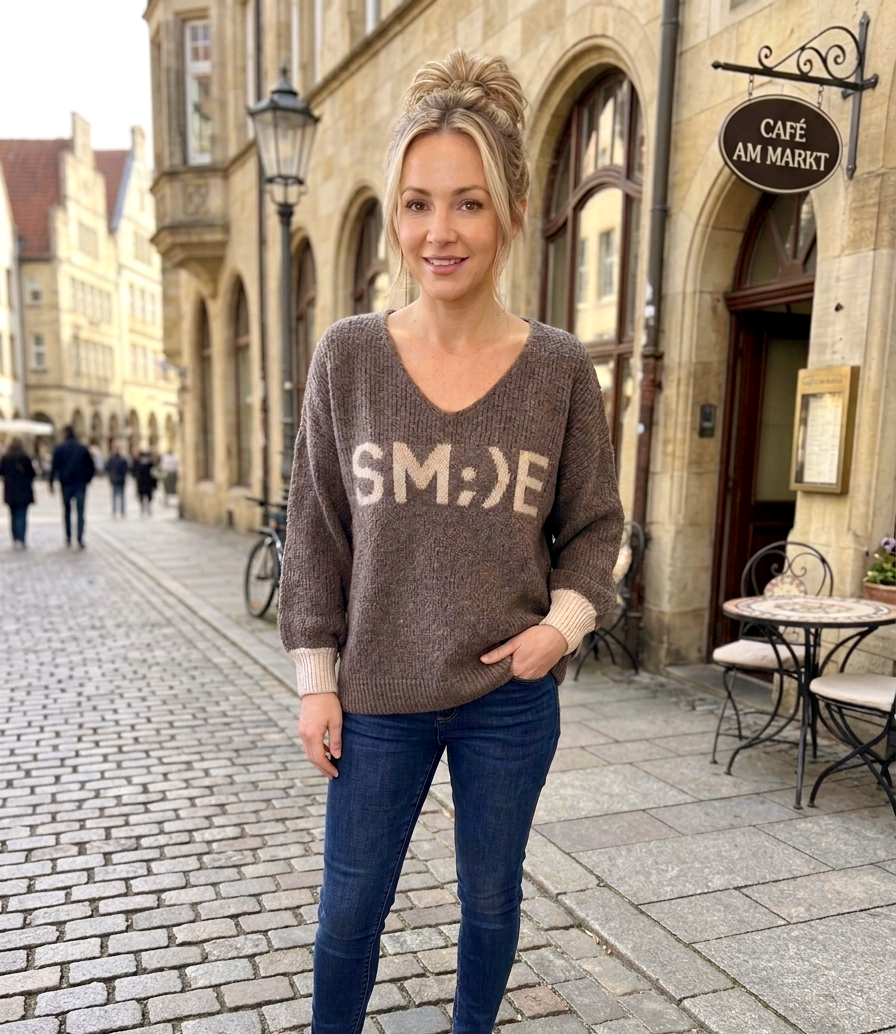 Oversize Strickpullover "SMILE" | V-Ausschnitt | Taupe Braun | One Size S-L