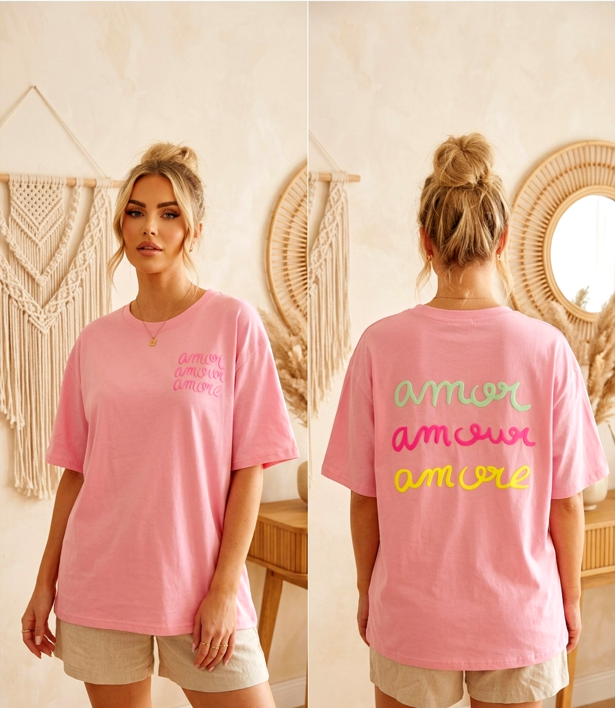 Boho-Luxe Damen-T-Shirt in Rosa mit farbigem 'amor' Print, weiches Material, lässiger Oversize-Cut