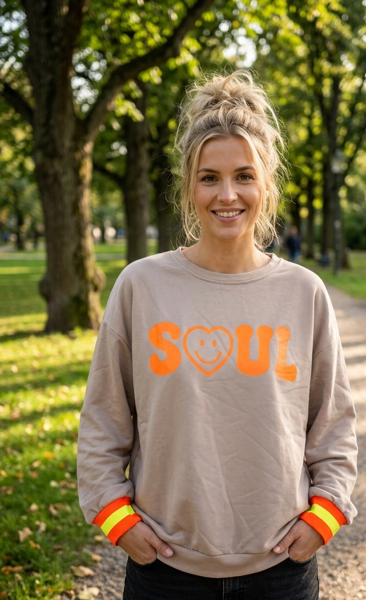 Oversize Statement Sweater "SOUL" | Smiley-Print & Neon-Bündchen | Türkis Creme Taupe | S-L