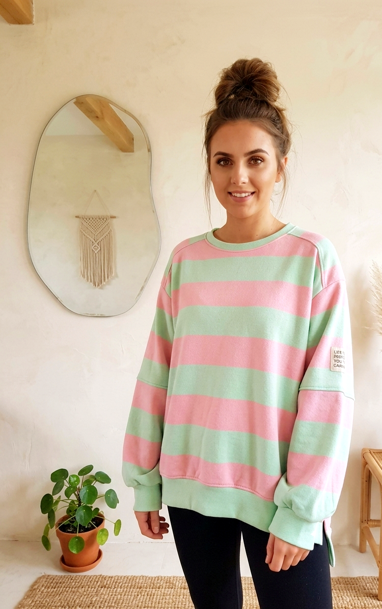 Boho-Luxe Damen-Sweatshirt in Rosa-Mint-Stripes, weiches Material, lässiger Oversize-Look