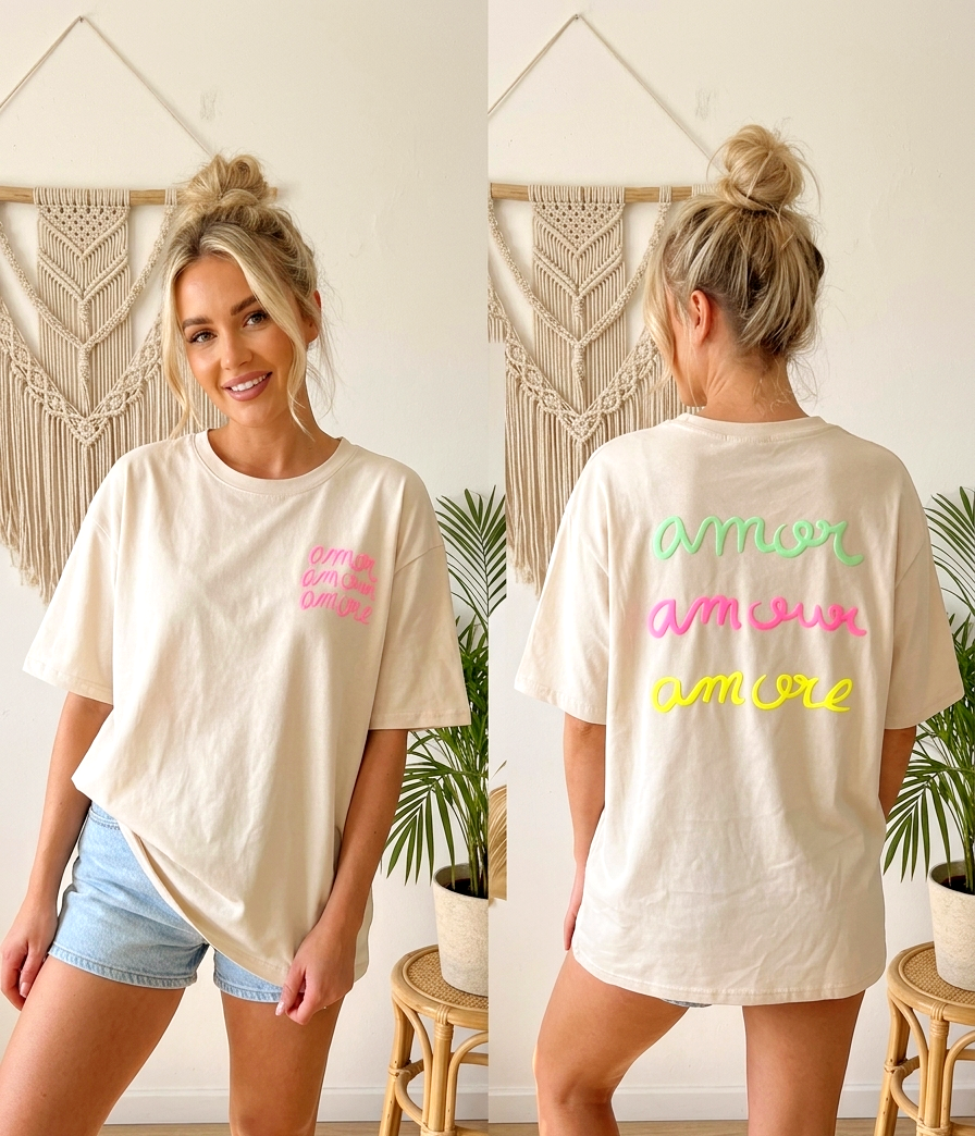 Boho-Luxe Damen-T-Shirt in Cremeweiß mit farbigen 'amor'-Prints, aus weichem Baumwollmaterial