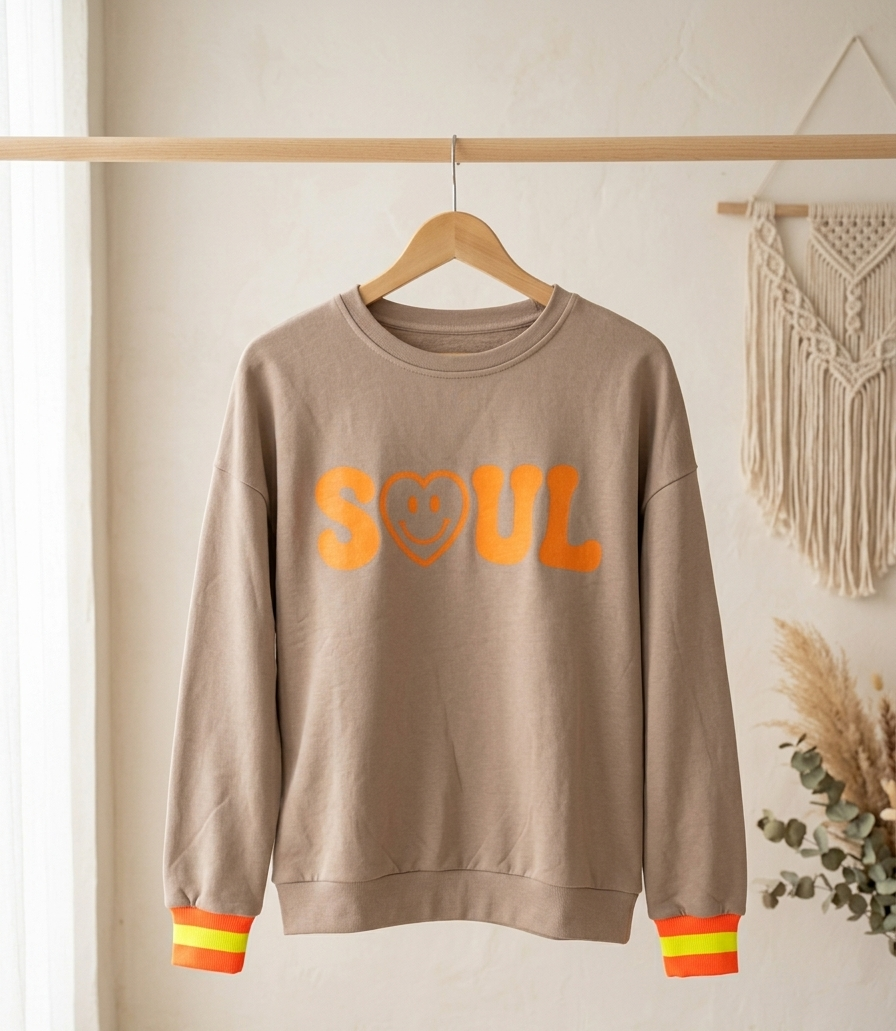 Oversize Statement Sweater "SOUL" | Smiley-Print & Neon-Bündchen | Türkis Creme Taupe | S-L