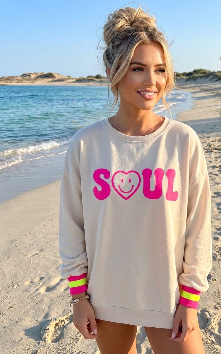 Oversize Statement Sweater "SOUL" | Smiley-Print & Neon-Bündchen | Türkis Creme Taupe | S-L