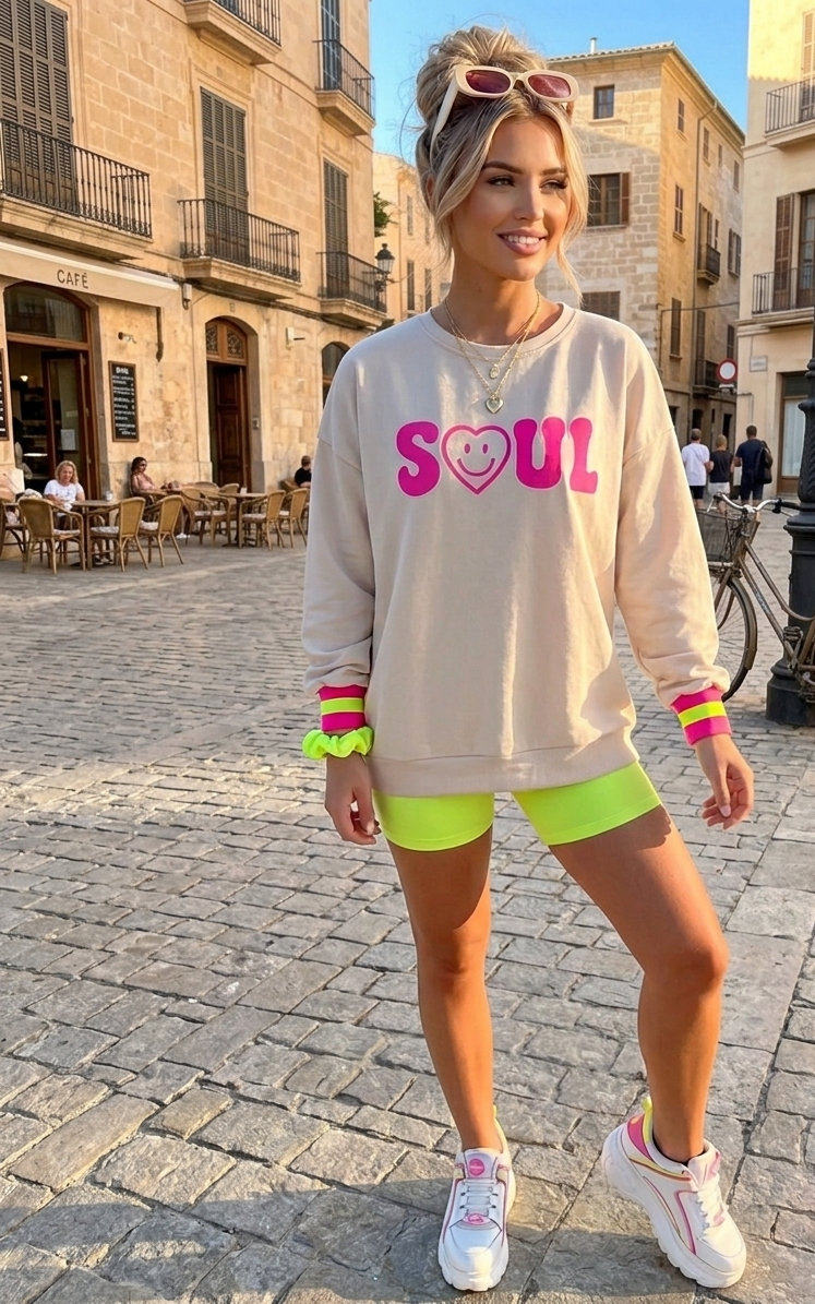 Oversize Statement Sweater "SOUL" | Smiley-Print & Neon-Bündchen | Türkis Creme Taupe | S-L