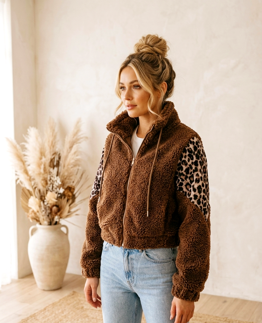 🧸 Teddyjacke mit Leo-Print – Kuschelig trifft Statement