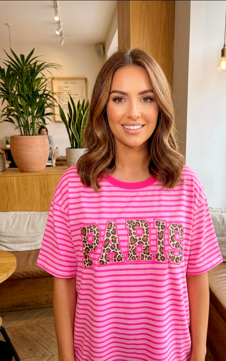 Oversize T-Shirt „PARIS“ – Neon-Streifen & Leo-Print in Pink & Orange