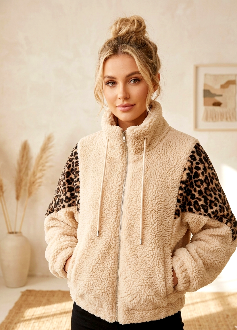 🧸 Teddyjacke mit Leo-Print – Kuschelig trifft Statement
