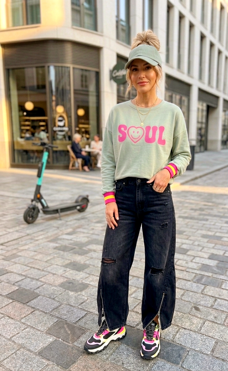 Oversize Statement Sweater "SOUL" | Smiley-Print & Neon-Bündchen | Türkis Creme Taupe | S-L
