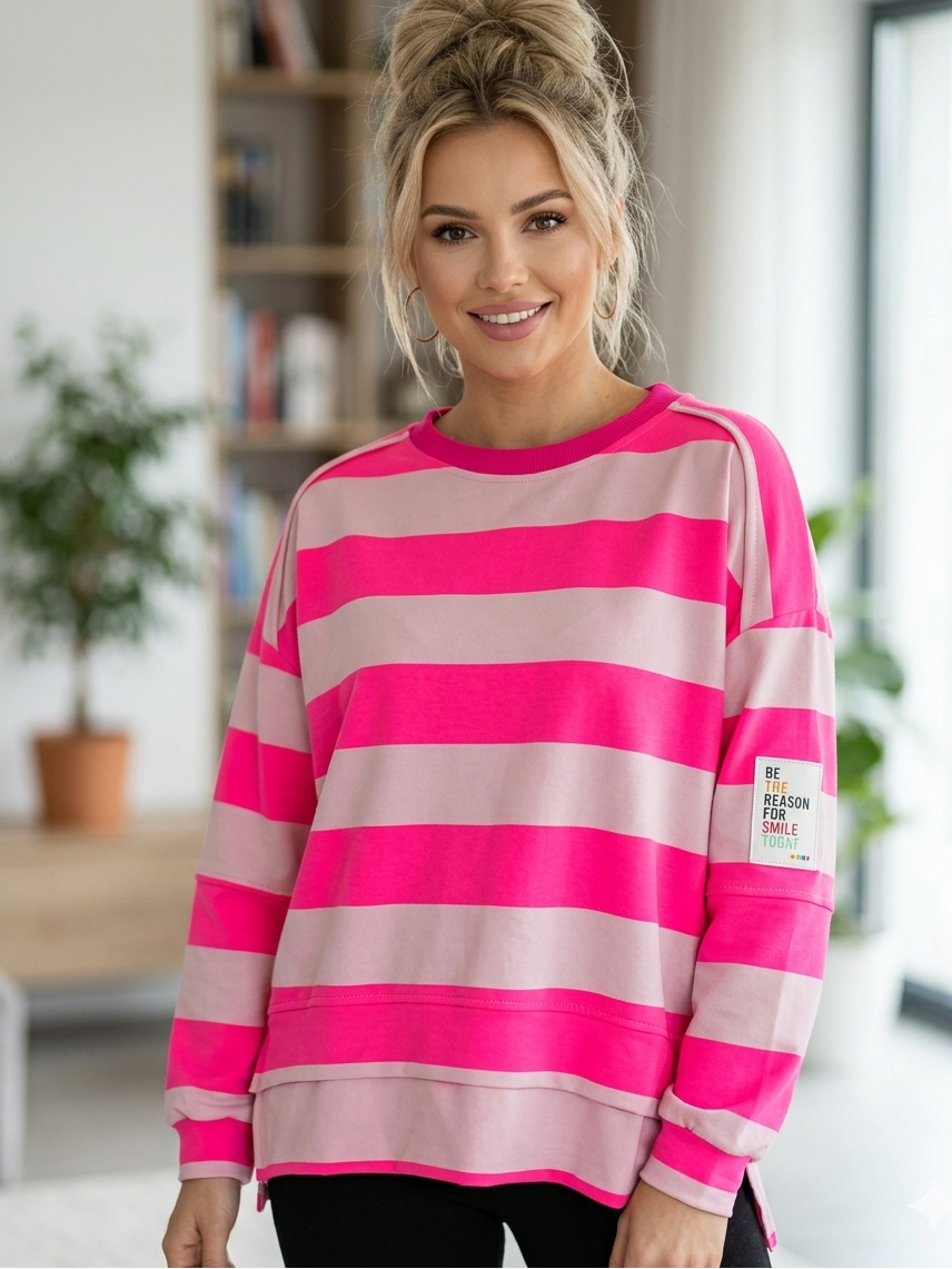 Oversize Sweater Blockstreifen | Neon-Pink & Rosa | One Size S-L