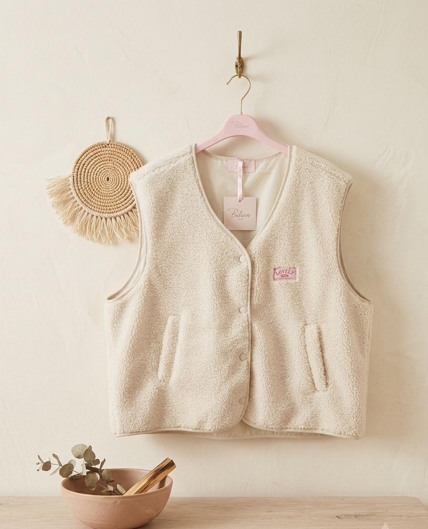 Teddy Fleece Weste | Knöpfe & Logo-Patch | Creme & Pink | One Size S-L