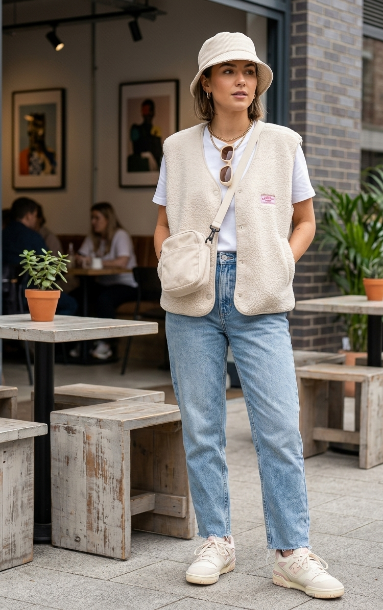 Teddy Fleece Weste | Knöpfe & Logo-Patch | Creme & Pink | One Size S-L