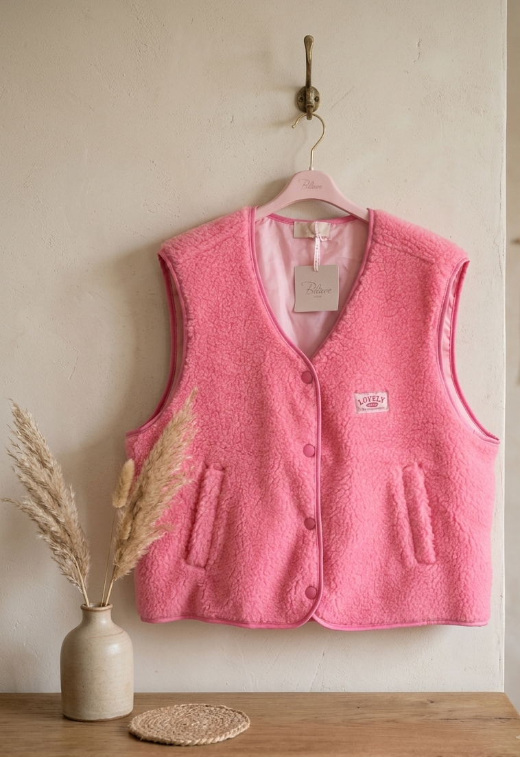 Rosa Boho-Luxe Damenweste aus flauschigem Teddyfleece mit Knopfleiste.