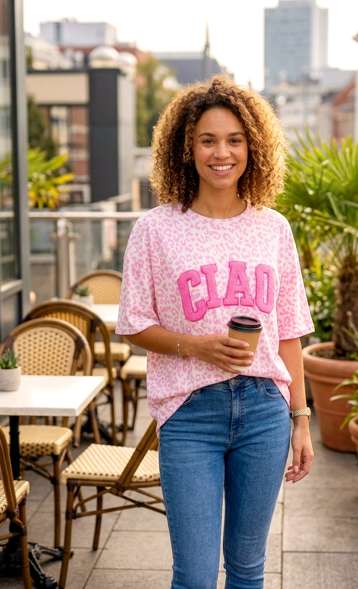 Boho-Luxe Damenmode: Rosa Leopardenmuster-Shirt mit „CIAO“-Aufdruck, kombiniert mit Jeans – perfekt für urbane Looks.