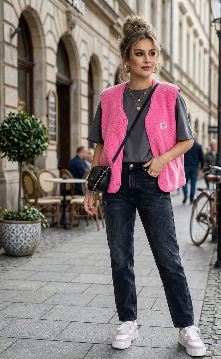 Teddy Fleece Weste | Knöpfe & Logo-Patch | Creme & Pink | One Size S-L