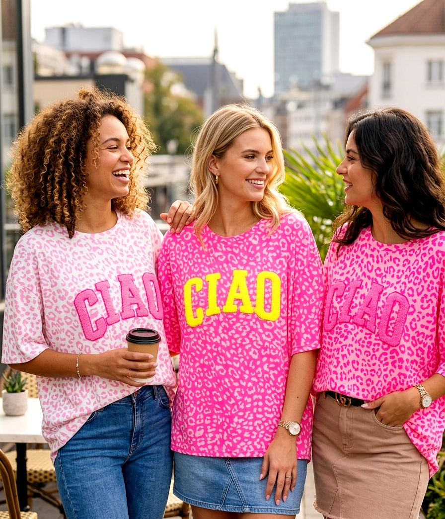 Oversize T-Shirt „CIAO“ – Leo-Print Statement Shirt in 3 Farbvarianten