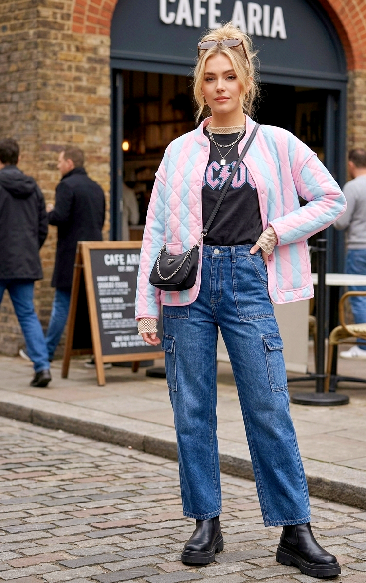 Gesteppte Statement-Jacke Pastell Stripes | Hellblau-Rosa & Gelb-Flieder | One Size S-L