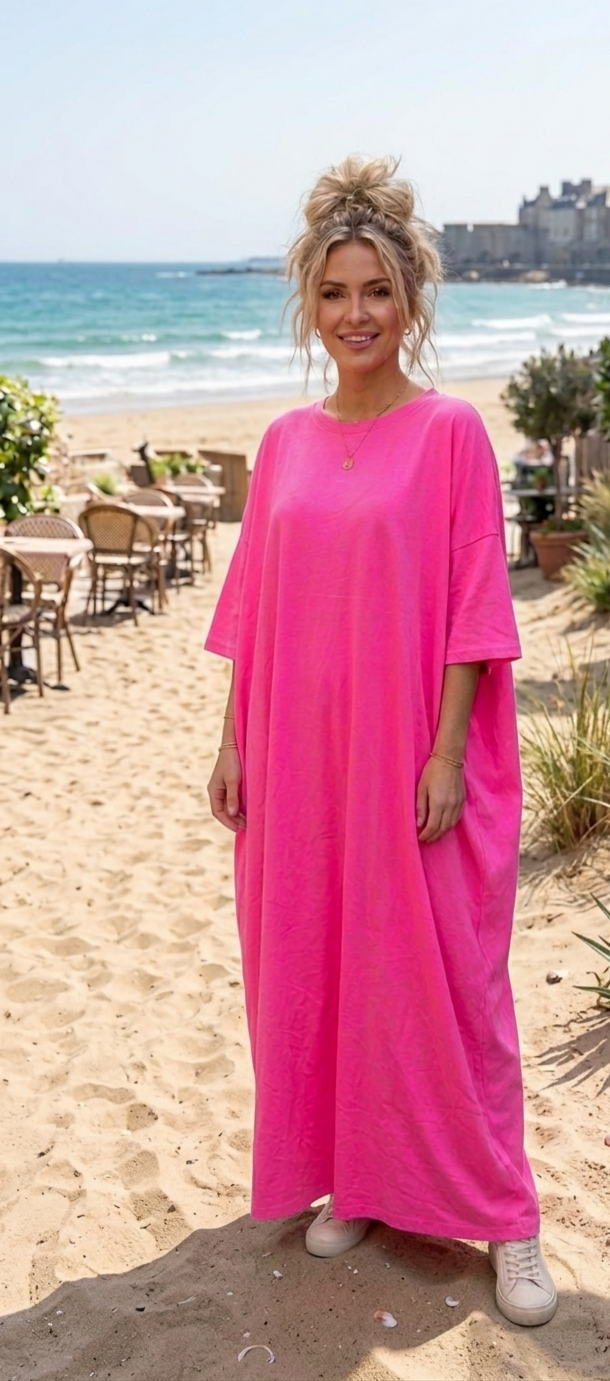 Neonpinkes Oversize Maxikleid | T-Shirt-Style | Gr. S–L