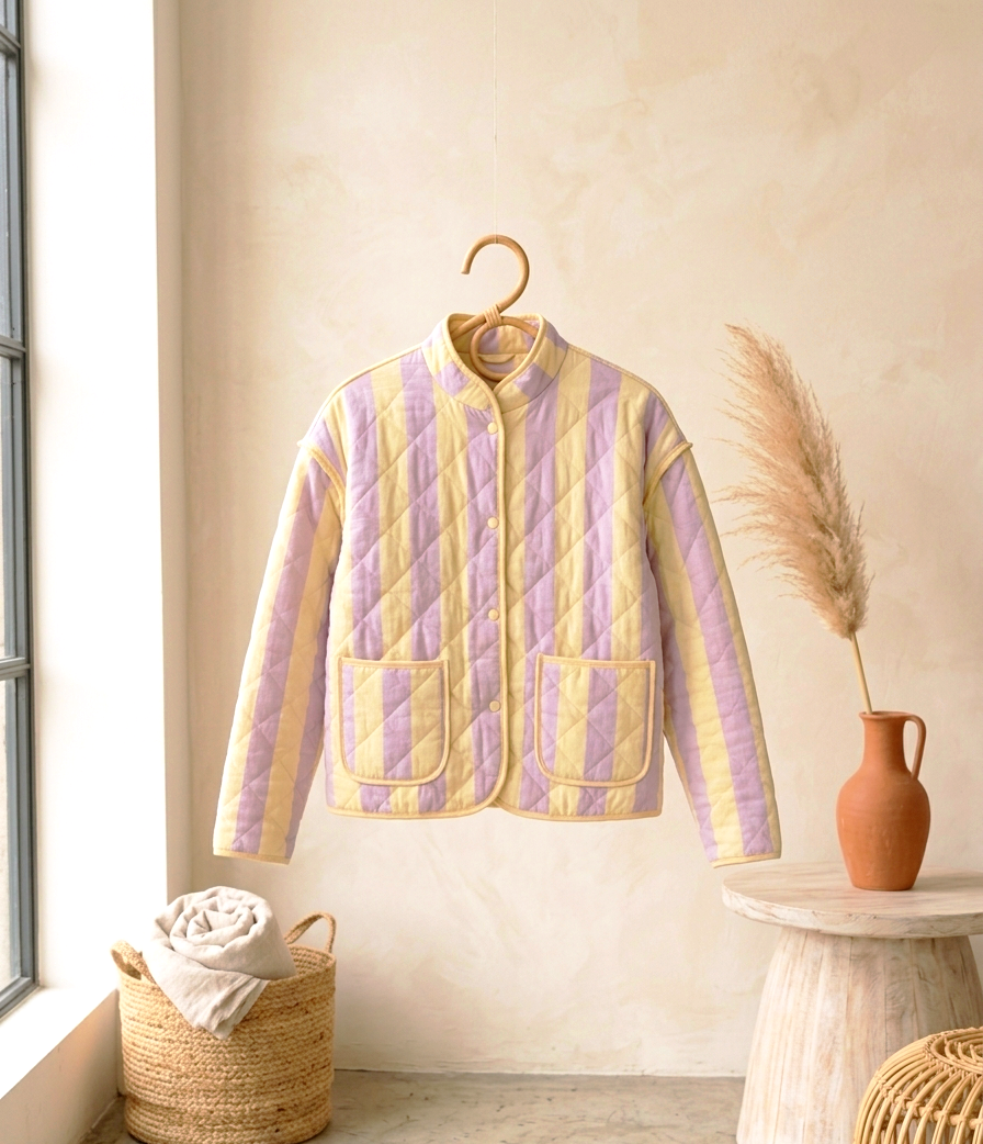 Gesteppte Statement-Jacke Pastell Stripes | Hellblau-Rosa & Gelb-Flieder | One Size S-L