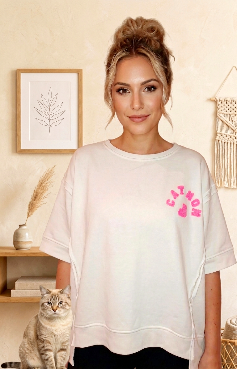 Oversized „CAT MOM“ Statement-Shirt – Frottee-Print für Katzenmamas