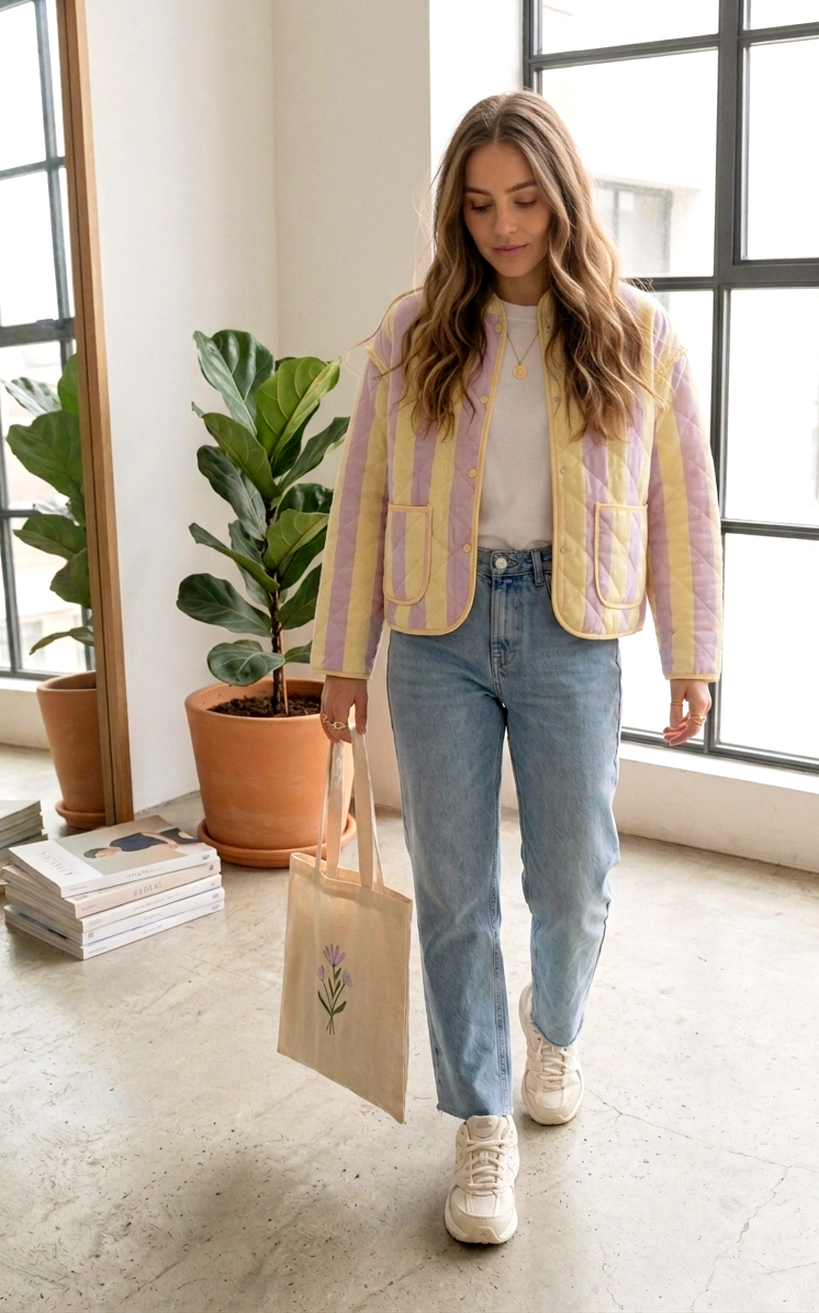 Gesteppte Statement-Jacke Pastell Stripes | Hellblau-Rosa & Gelb-Flieder | One Size S-L
