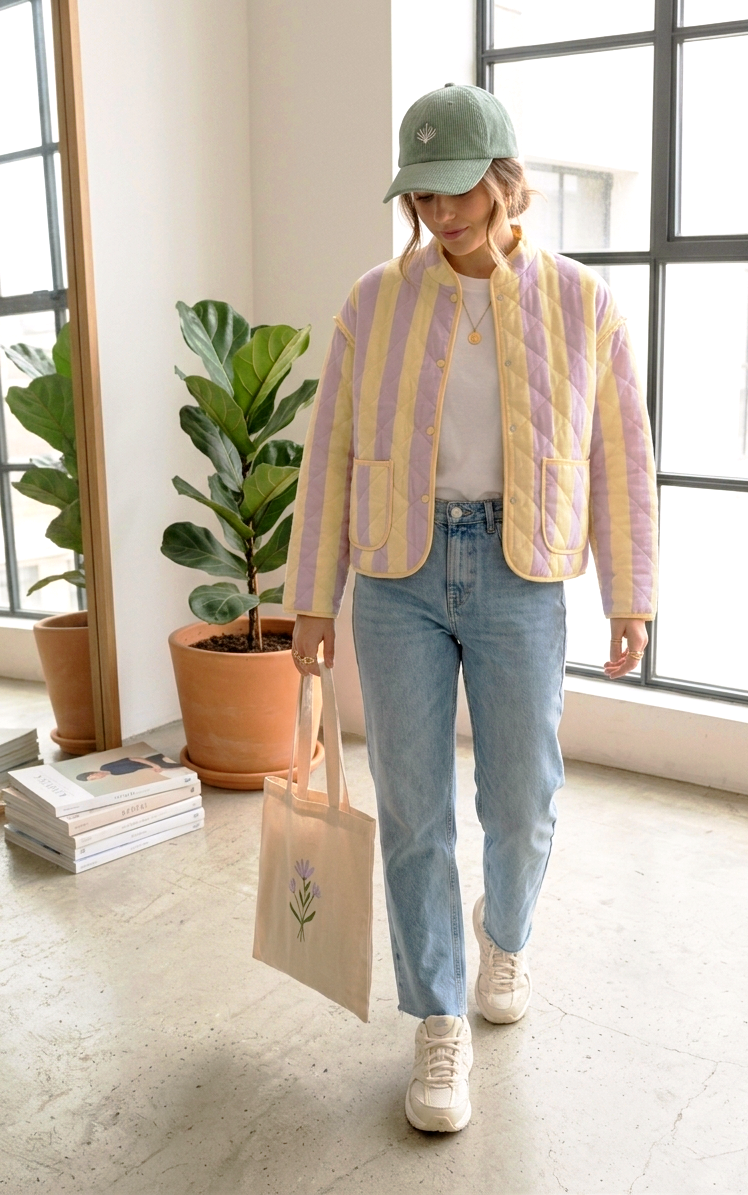 Gesteppte Statement-Jacke Pastell Stripes | Hellblau-Rosa & Gelb-Flieder | One Size S-L