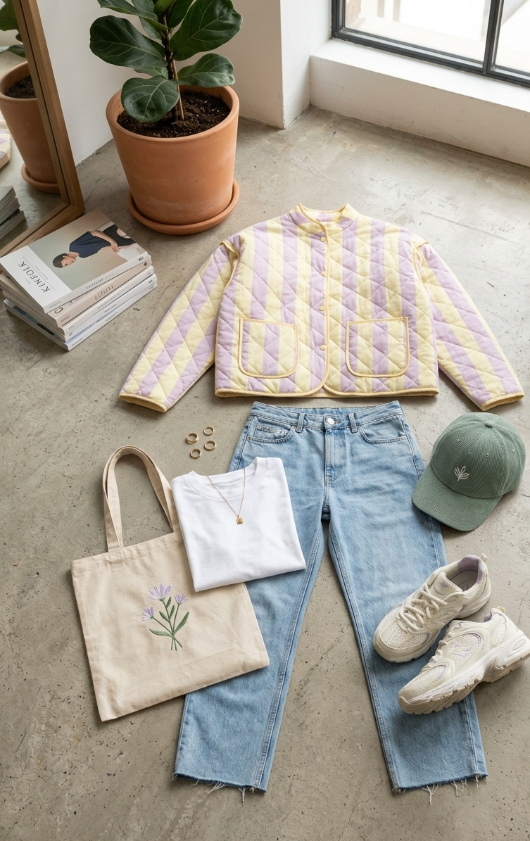 Gesteppte Statement-Jacke Pastell Stripes | Hellblau-Rosa & Gelb-Flieder | One Size S-L