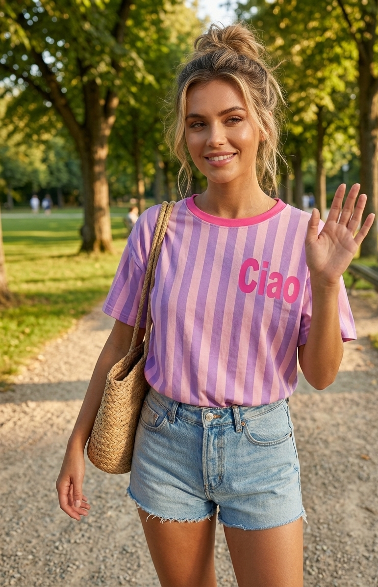 Damen T-Shirt Ciao gestreift in Rosa und Flieder - Sommerliches Statement-Shirt