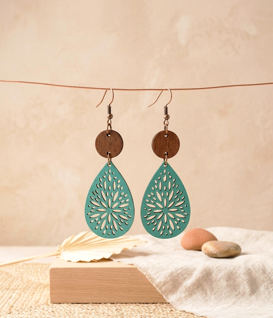 Boho Holz Ohrhänger „Mandala Tropfen“ Türkis – Filigrane Statement Hook-Ohrringe