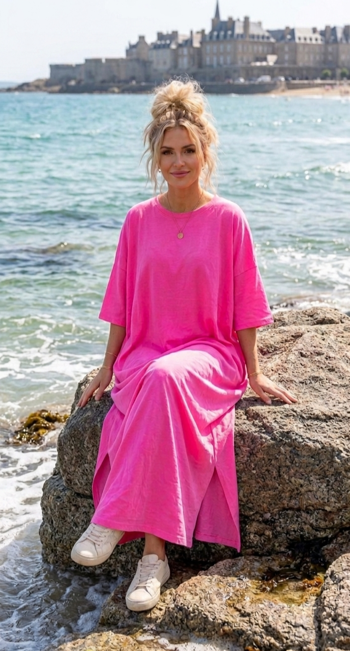 Neonpinkes Oversize Maxikleid | T-Shirt-Style | Gr. S–L