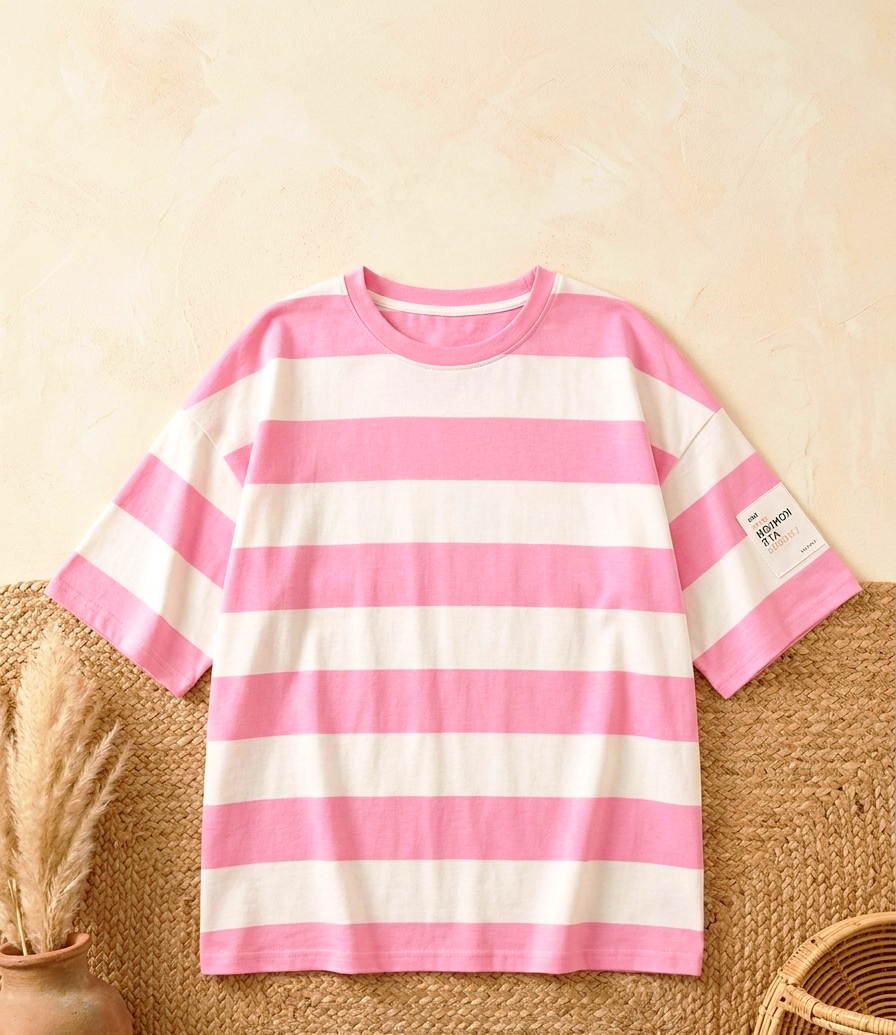 Gestreiftes Oversize T-Shirt Blockstreifen | Rosa-Weiß & Blau-Cremeweiß | One Size S-L
