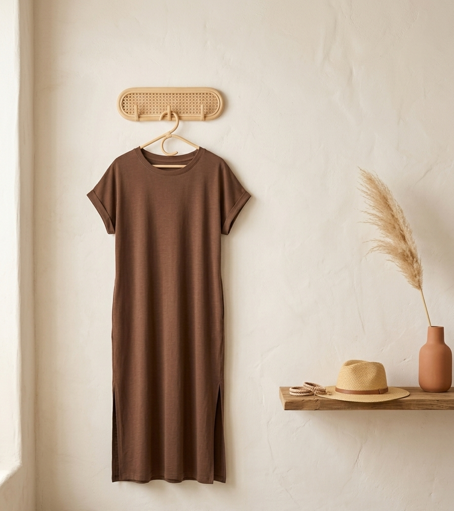 T-Shirt Mididress mit Seitenschlitzen | Braun & Pink | One Size S-L