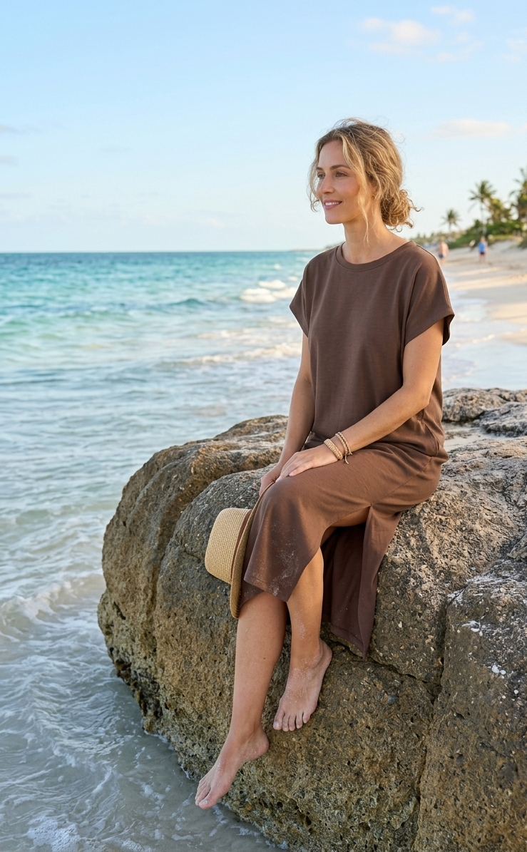 T-Shirt Mididress mit Seitenschlitzen | Braun & Pink | One Size S-L