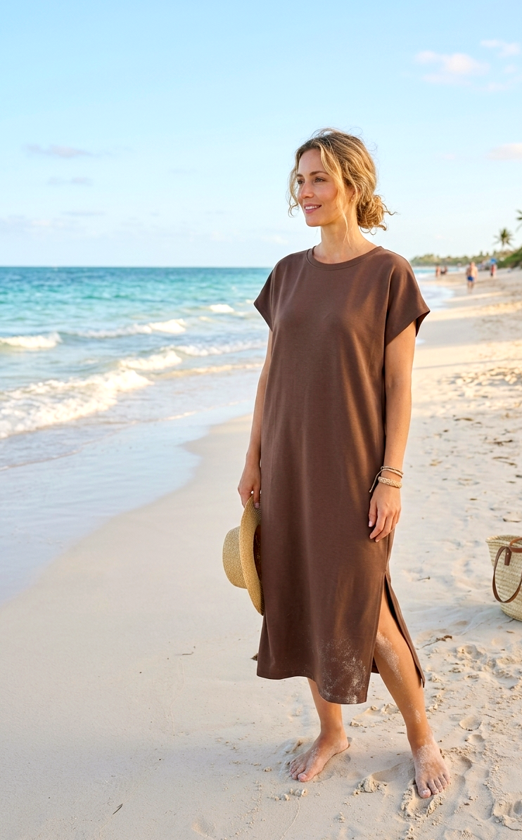 T-Shirt Mididress mit Seitenschlitzen | Braun & Pink | One Size S-L