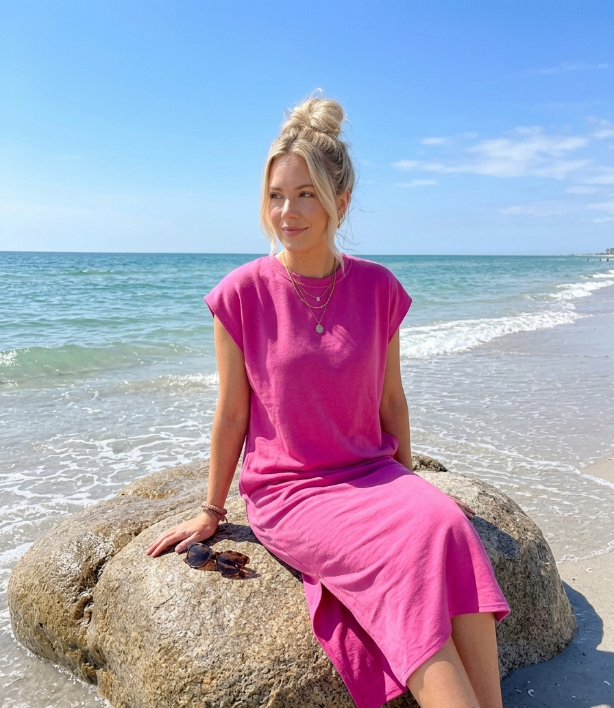 T-Shirt Mididress mit Seitenschlitzen | Braun & Pink | One Size S-L
