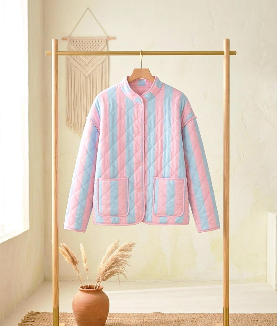 Gesteppte Statement-Jacke Pastell Stripes | Hellblau-Rosa & Gelb-Flieder | One Size S-L