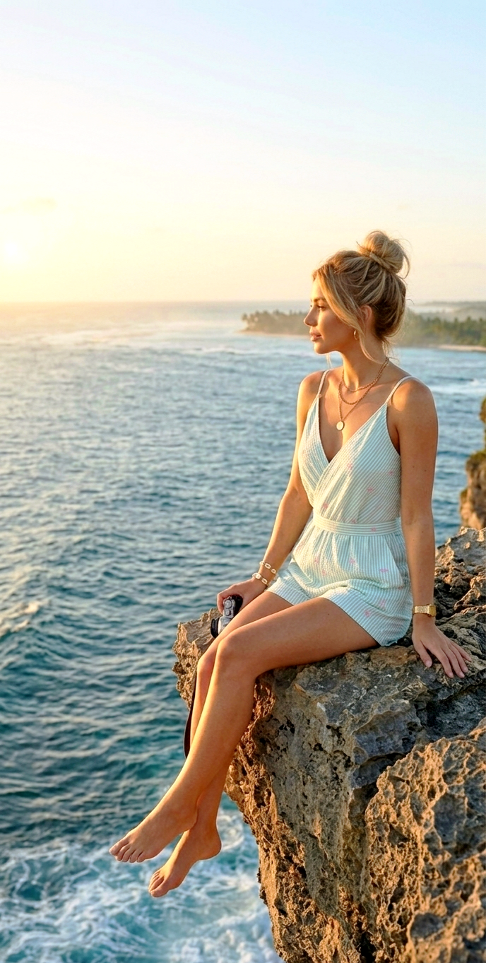 Sommer Jumpsuit "Beach Breeze" Kurz | Gestreifter Playsuit Mint/Weiß mit Stickerei | Wickeloptik | Gr. S-M