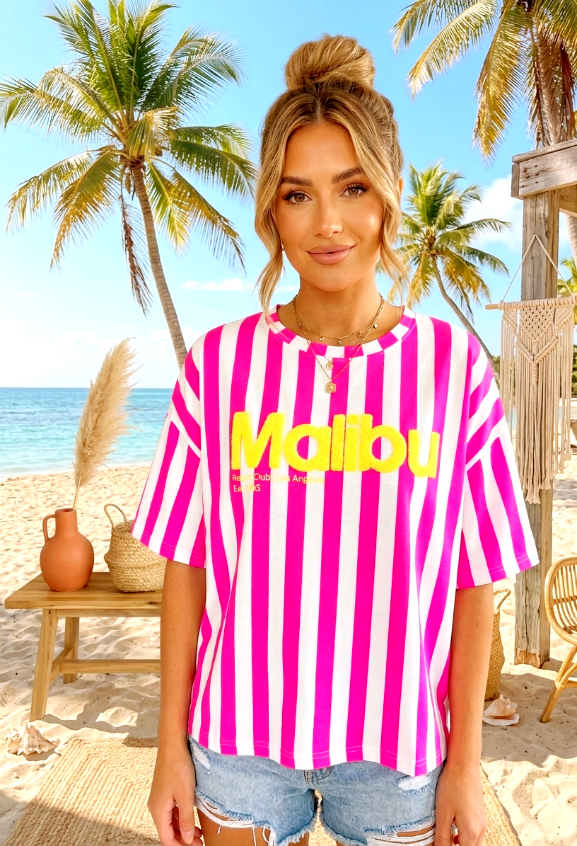 Malibu Oversize Shirt – Neon Pink Streifen