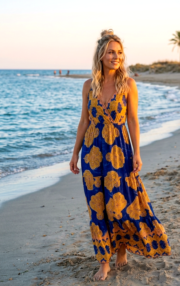 Boho Maxikleid "Sommertraum" – Blau-Sonnengelb Ornament (S–L)