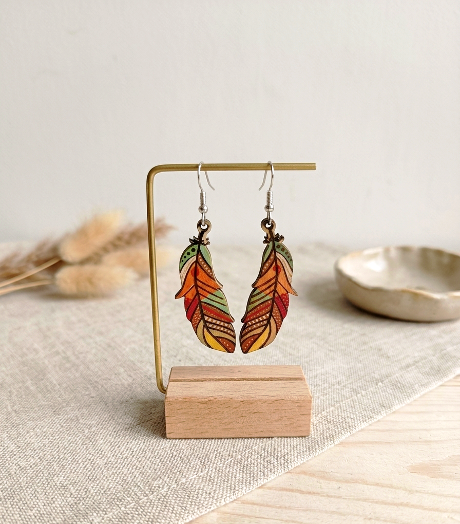 Feder-Ohrringe Boho – Farbenfroher Statement Schmuck in Orange, Gelb & Grün
